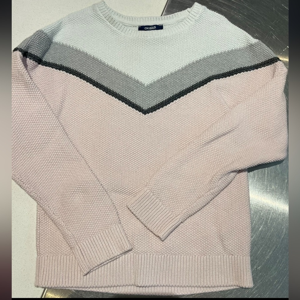 Okaïdi Soft Pink Gray White Chevron Knit Sweater Size 8